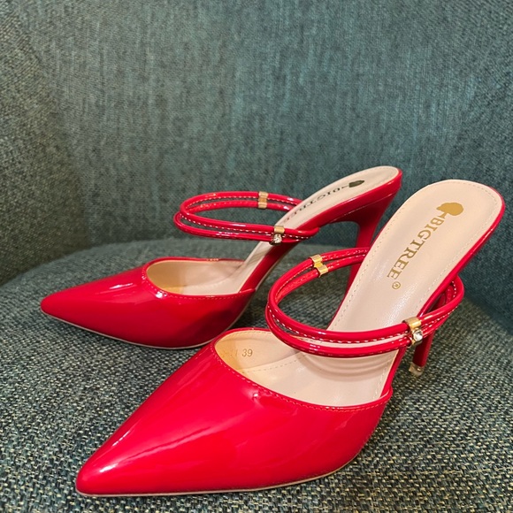 Red Strap Mule Heels for women - Picture 2 of 6